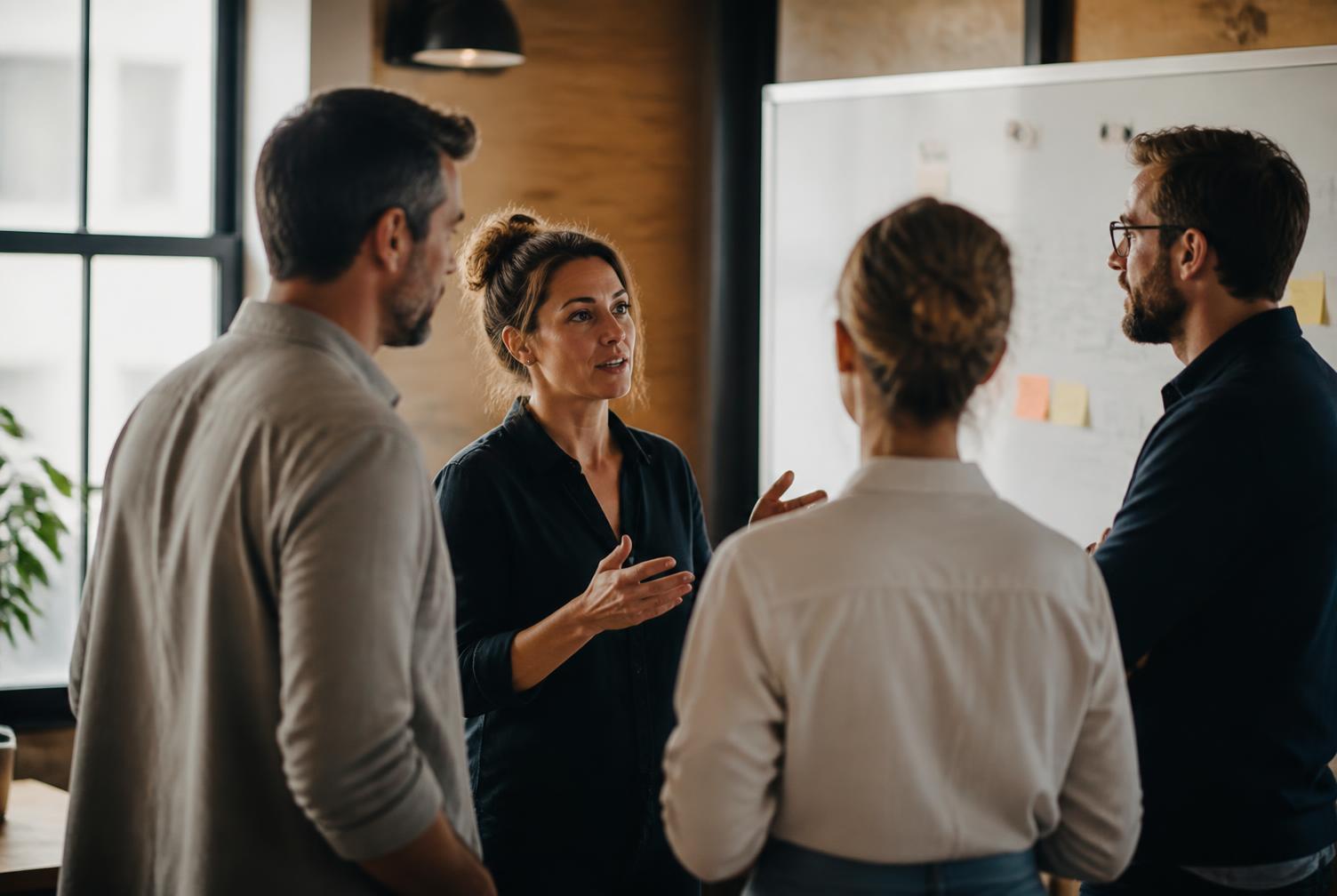 A small leadership team discussing plans at a whiteboard