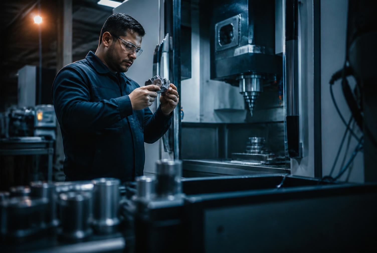 A worker inspecting a machined part on a manufacturing floor