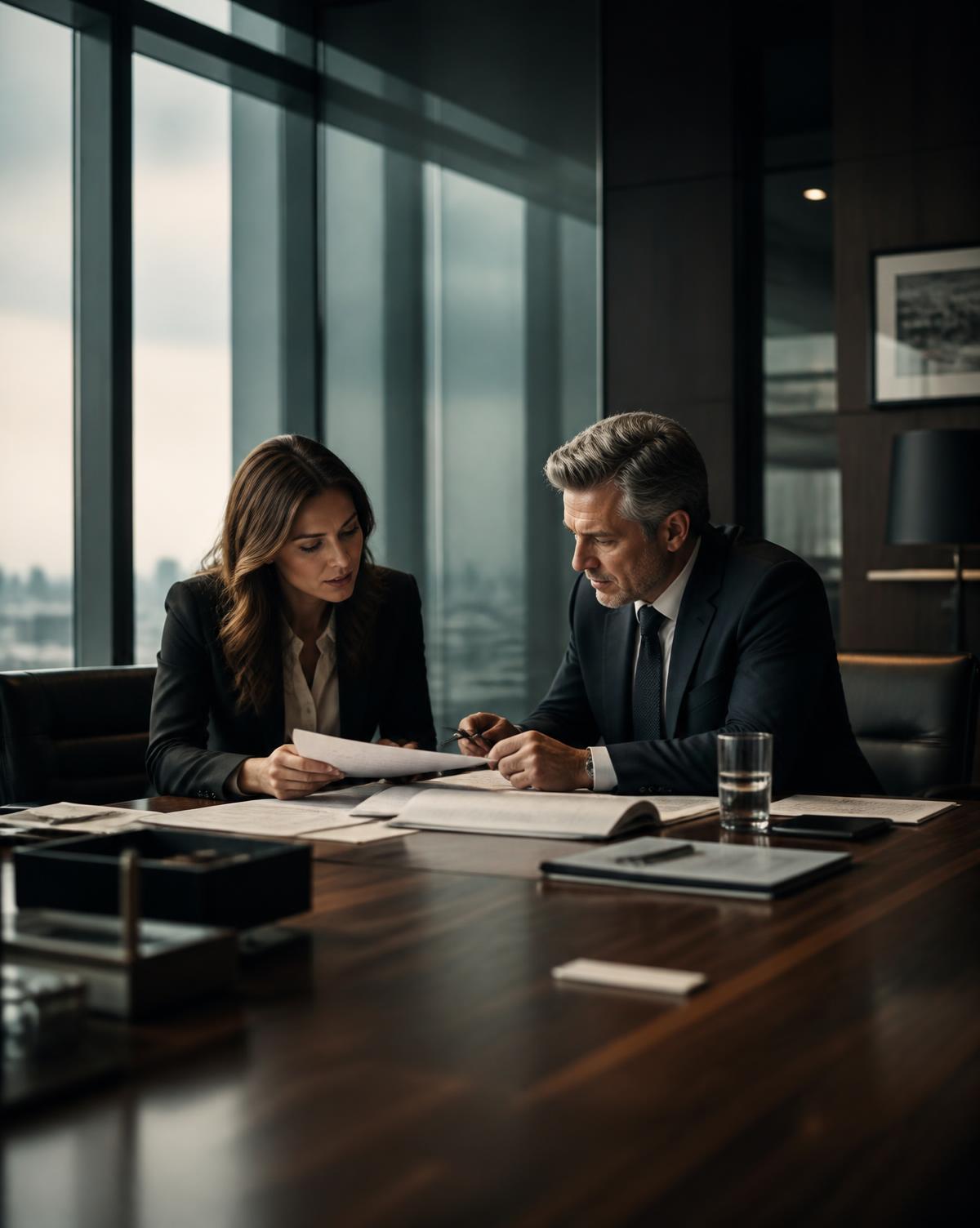 Two professionals reviewing documents in a modern office