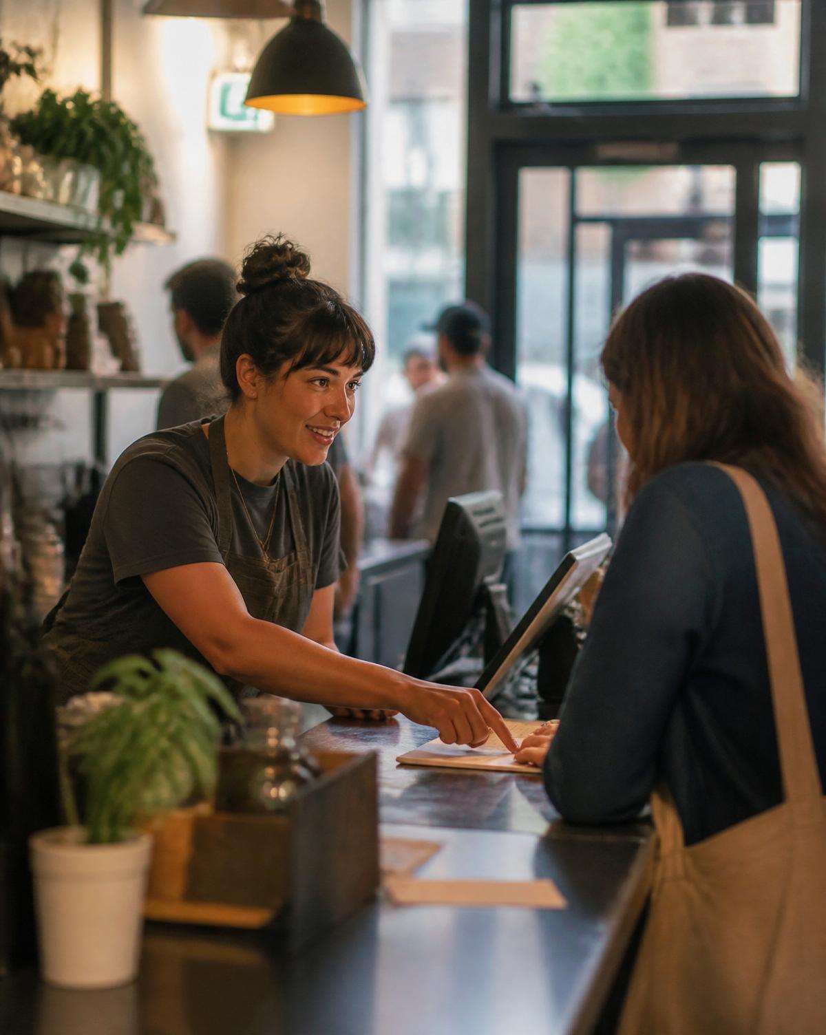 An employee helping a customer at a local business counter